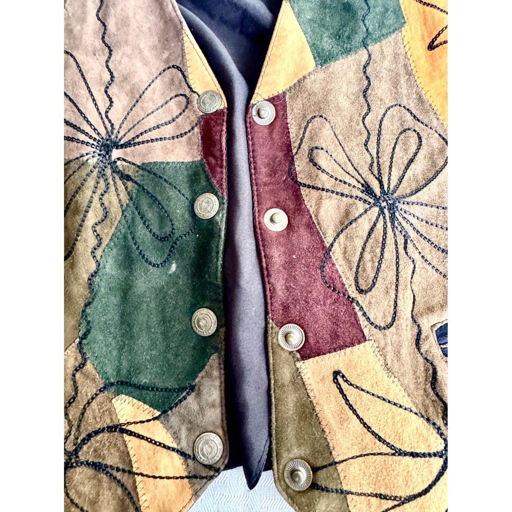 AJNY Vintage Patchwork Leather Boho Vest Med Floral Suede Earth Tone 90s Retro - Picture 8 of 14